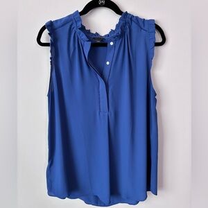 Ann Taylor slate Blue Ruffled Blouse with Mandarin Collar